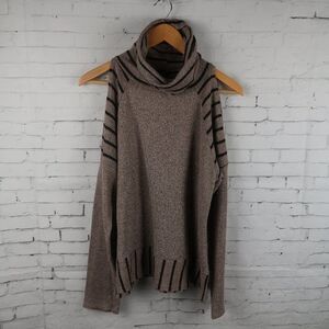 LAVENDER FIELD BROWN BLACK HEATHER BLACK STRIPE DETAIL COLD SHOULDER SWEATER L